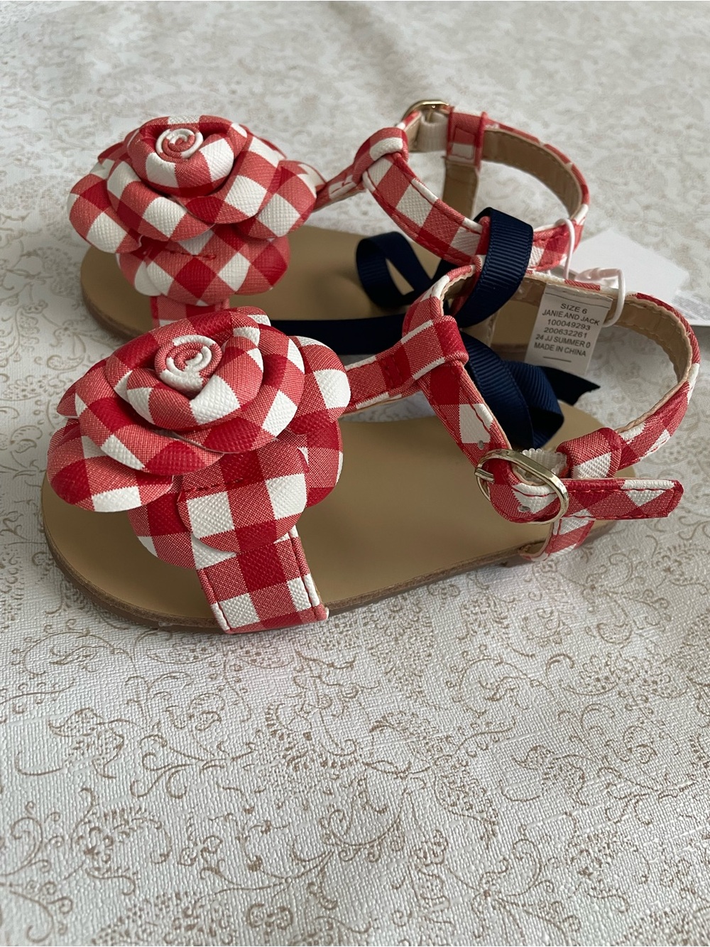 Janie and Jack Toddler Girls Sz 6 Red & White Gingham Flower T-Strap Sandals NEW
